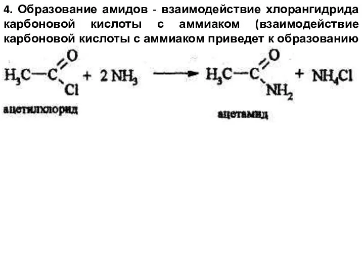 4. Образование амидов - взаимодействие хлорангидрида карбоновой кислоты с аммиаком (взаимодействие