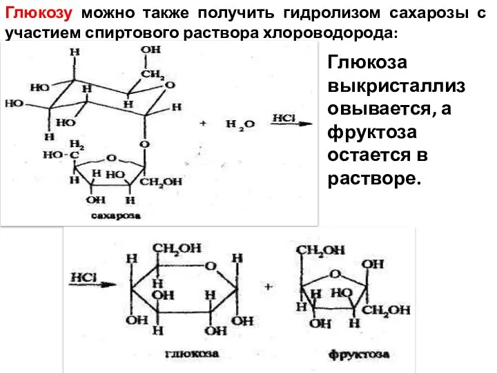 Глюкозу можно также получить гидролизом сахарозы с участием спиртового раствора хлороводорода:
