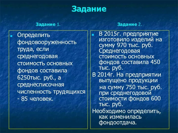 Задание Задание 1. Определить фондовооруженность труда, если среднегодовая стоимость основных фондов