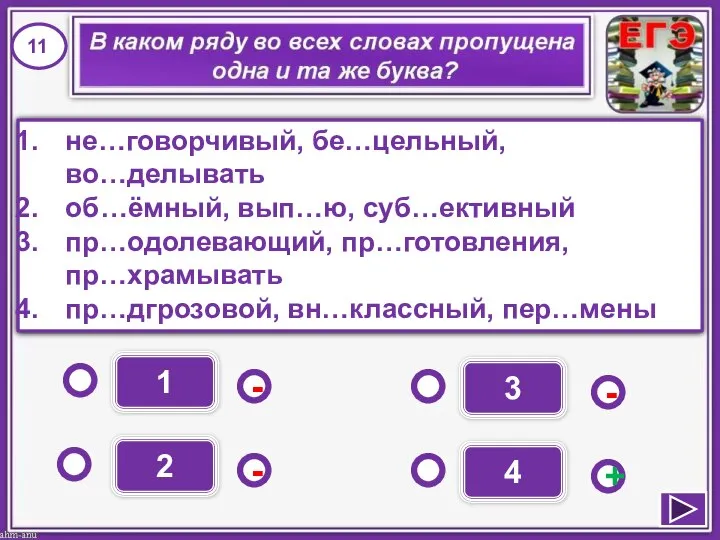 1 - - + - 2 3 4 не…говорчивый, бе…цельный, во…делывать