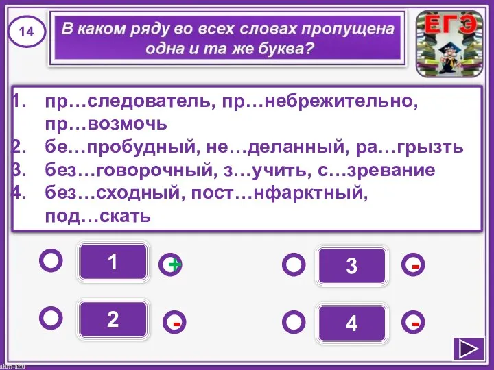 1 - - + - 2 3 4 пр…следователь, пр…небрежительно, пр…возмочь