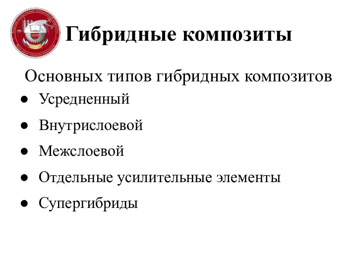 Гибридные композиты Основных типов гибридных композитов Усредненный Внутрислоевой Межслоевой Отдельные усилительные элементы Супергибриды