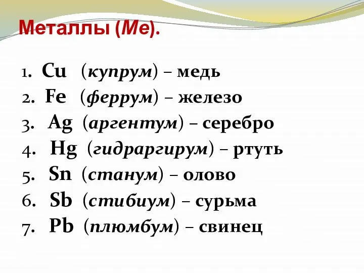 Металлы (Ме). 1. Cu (купрум) – медь 2. Fe (феррум) –