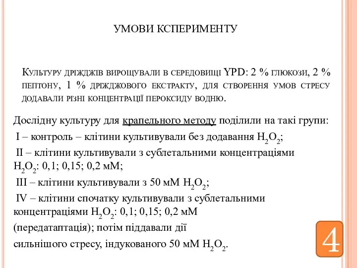 Культуру дріжджів вирощували в середовищі YPD: 2 % глюкози, 2 %