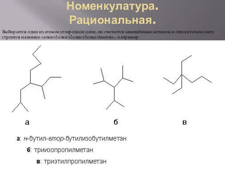 Номенкулатура. Рациональная. Выбирается один из атомов углеродной цепи, он считается замещённым