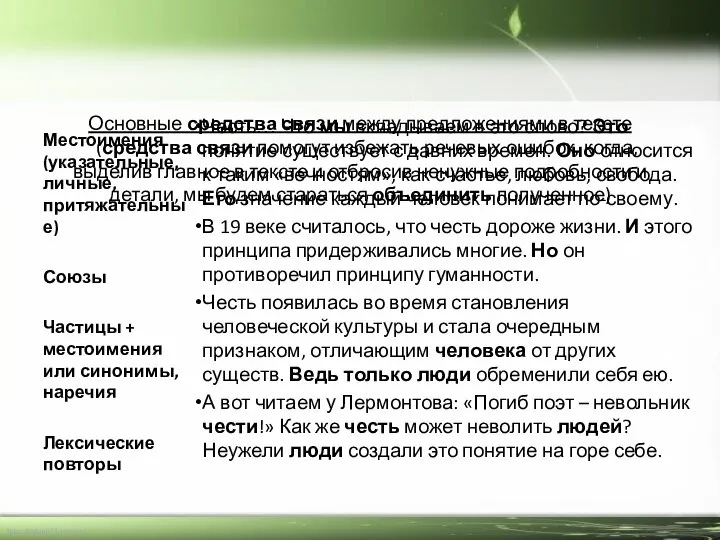 Основные средства связи между предложениями в тексте (средства связи помогут избежать