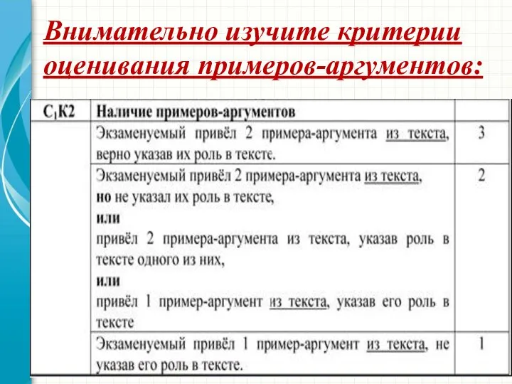 Внимательно изучите критерии оценивания примеров-аргументов: