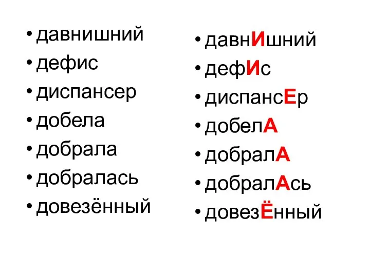 давнишний дефис диспансер добела добрала добралась довезённый давнИшний дефИс диспансЕр добелА добралА добралАсь довезЁнный