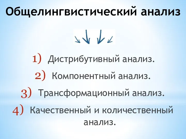 Общелингвистический анализ Дистрибутивный анализ. Компонентный анализ. Трансформационный анализ. Качественный и количественный анализ.