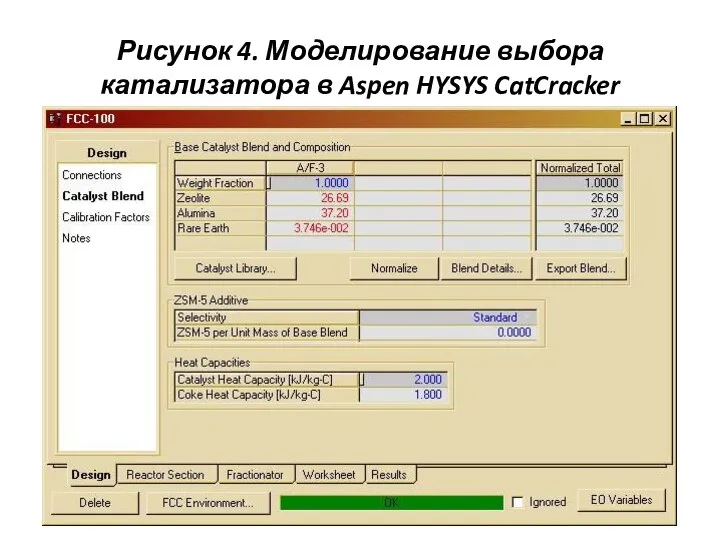 Рисунок 4. Моделирование выбора катализатора в Aspen HYSYS CatCracker