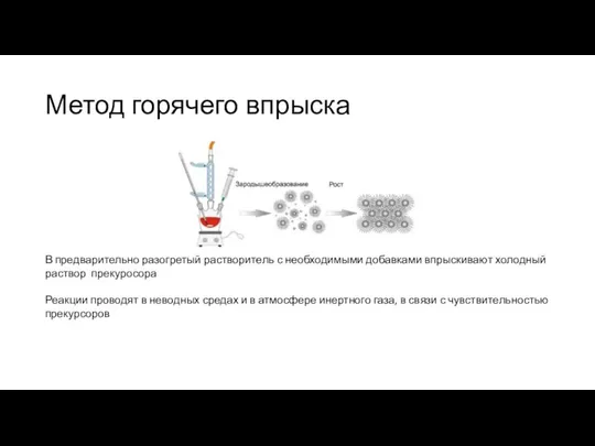 Метод горячего впрыска В предварительно разогретый растворитель с необходимыми добавками впрыскивают