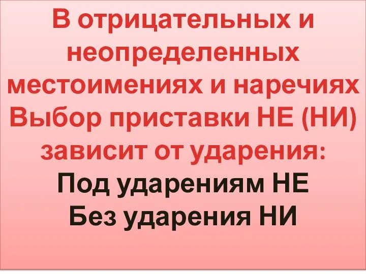 В отрицательных и неопределенных местоимениях и наречиях Выбор приставки НЕ (НИ)