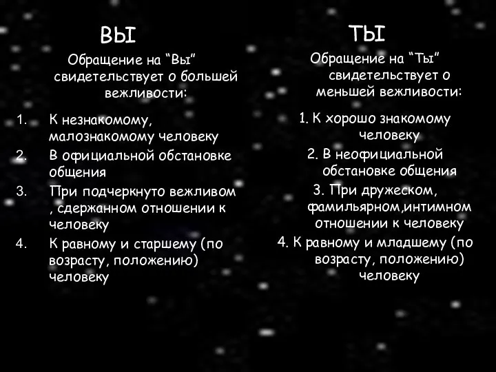 ВЫ Обращение на “Вы” свидетельствует о большей вежливости: К незнакомому, малознакомому