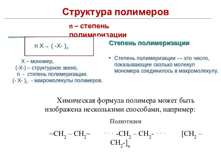 Структура полимеров n – степень полимеризации Химическая формула полимера может быть