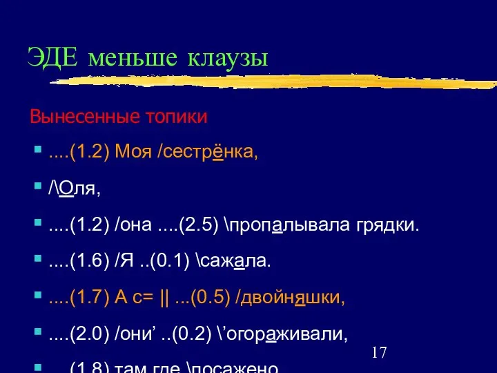 ЭДЕ меньше клаузы Вынесенные топики ....(1.2) Моя /сестрёнка, /\Оля, ....(1.2) /она