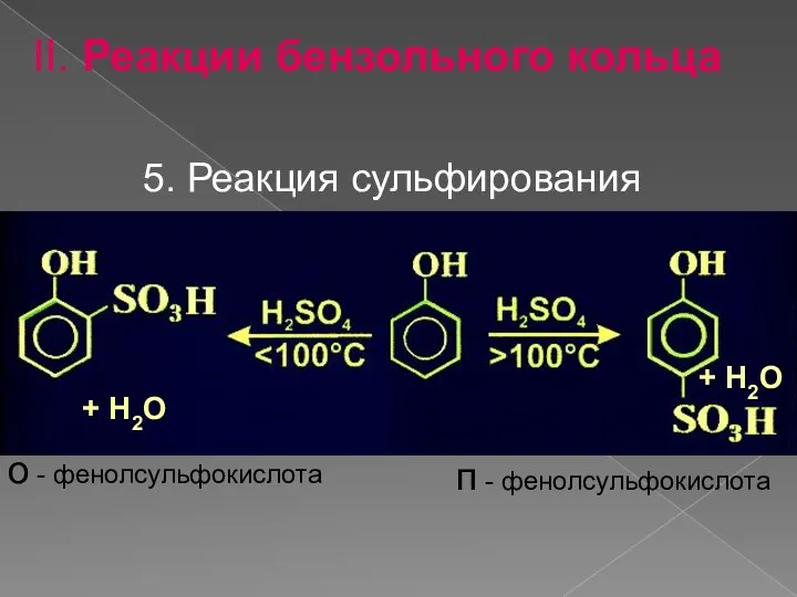 + H2O + H2O 5. Реакция сульфирования о - фенолсульфокислота п