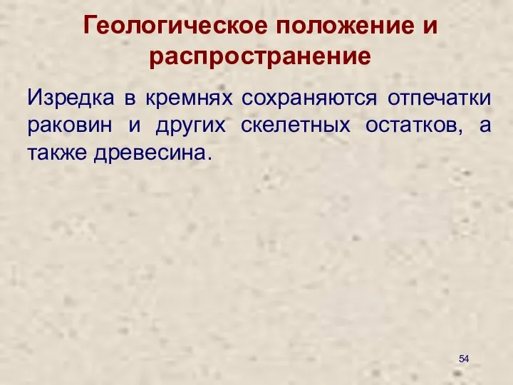 Геологическое положение и распространение Изредка в кремнях сохраняются отпечатки раковин и