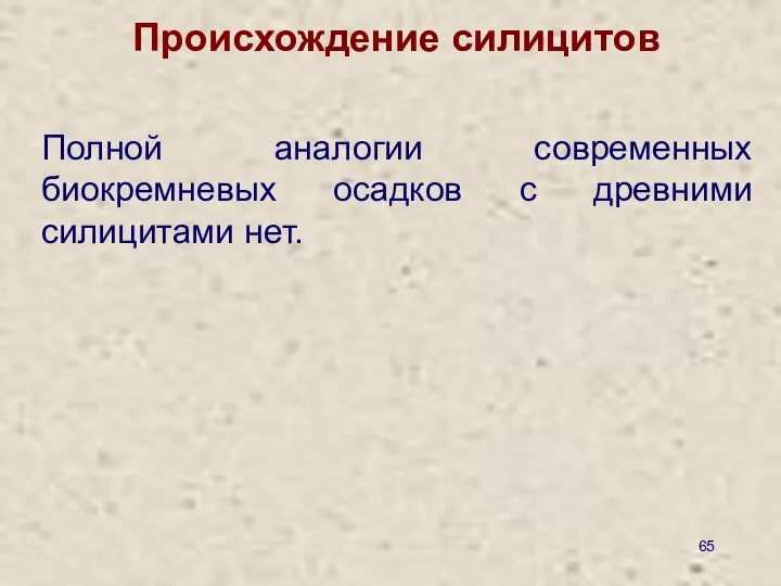 Происхождение силицитов Полной аналогии современных биокремневых осадков с древними силицитами нет.