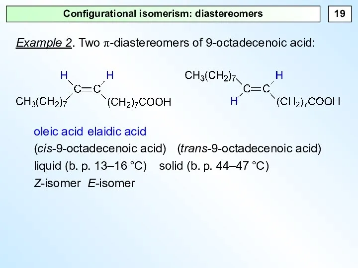 Configurational isomerism: diastereomers Example 2. Two π-diastereomers of 9-octadecenoic acid: oleic