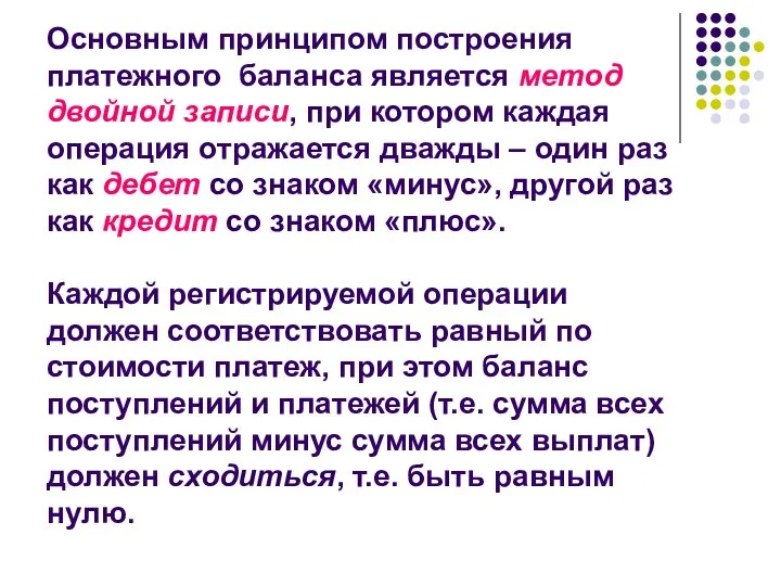 Основным принципом построения платежного баланса является метод двойной записи, при котором