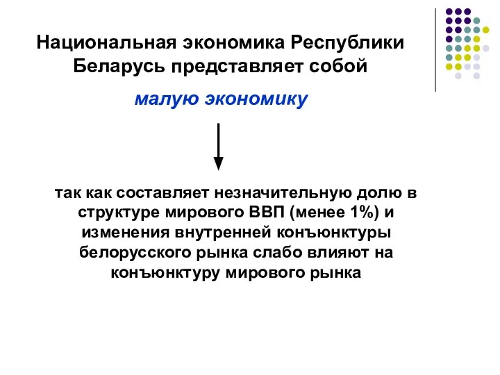 Национальная экономика Республики Беларусь представляет собой малую экономику так как составляет