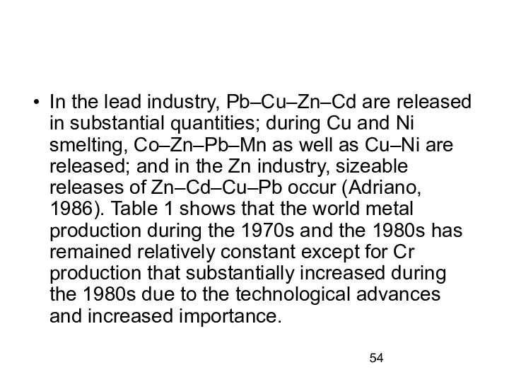 In the lead industry, Pb–Cu–Zn–Cd are released in substantial quantities; during