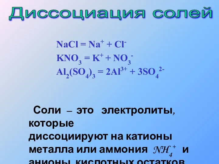 Соли – это электролиты, которые диссоциируют на катионы металла или аммония