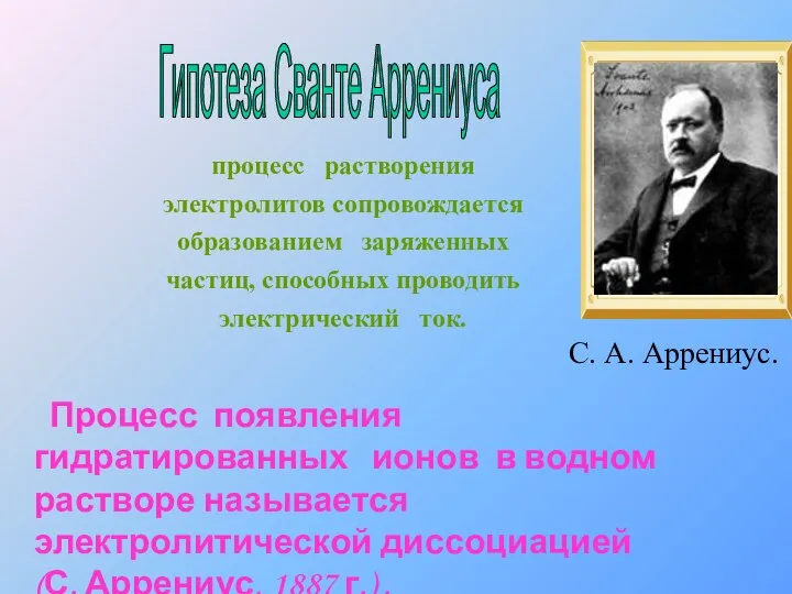 Процесс появления гидратированных ионов в водном растворе называется электролитической диссоциацией (С.