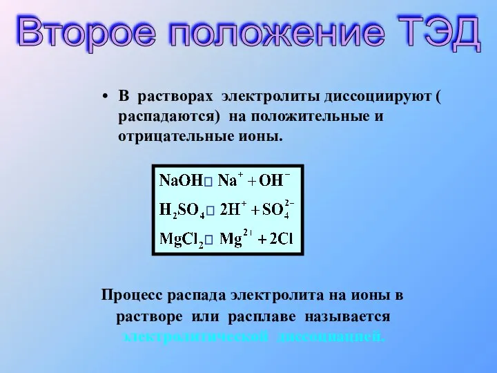 В растворах электролиты диссоциируют ( распадаются) на положительные и отрицательные ионы.