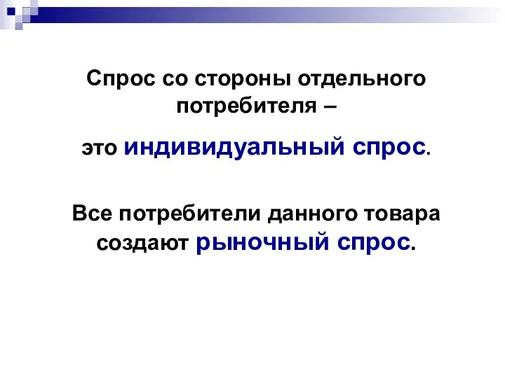 Спрос со стороны отдельного потребителя – это индивидуальный спрос. Все потребители данного товара создают рыночный спрос.