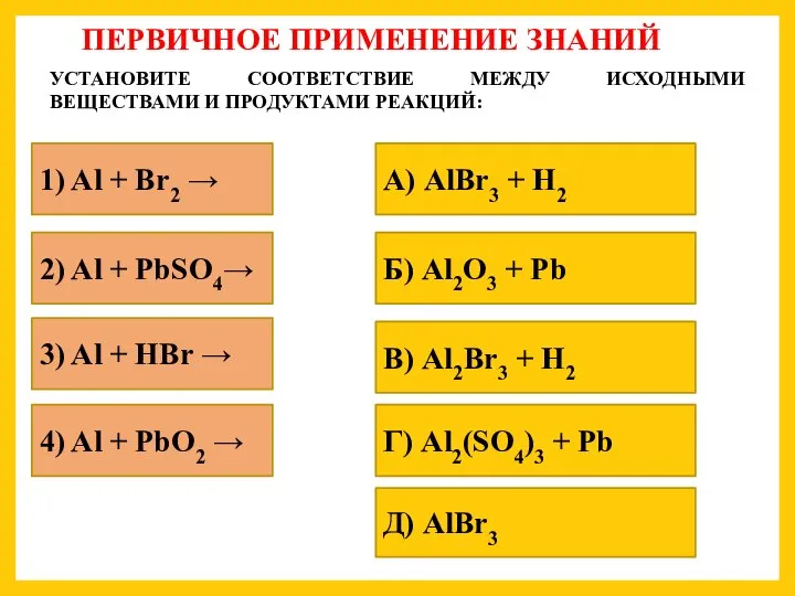 В) Al2Br3 + H2 ПЕРВИЧНОЕ ПРИМЕНЕНИЕ ЗНАНИЙ УСТАНОВИТЕ СООТВЕТСТВИЕ МЕЖДУ ИСХОДНЫМИ