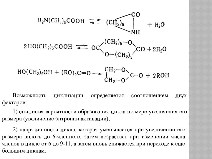 Возможность циклизации определяется соотношением двух факторов: 1) снижения вероятности образования цикла
