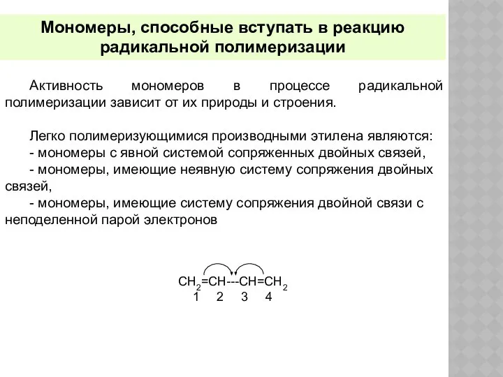 Мономеры, способные вступать в реакцию радикальной полимеризации Легко полимеризующимися производными этилена