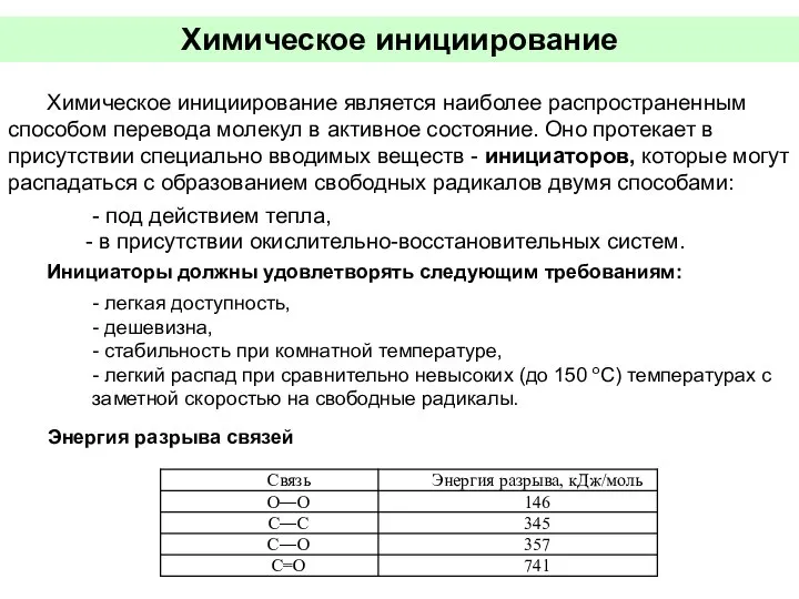 Химическое инициирование Химическое инициирование является наиболее распространенным способом перевода молекул в