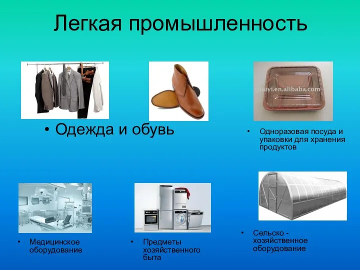 Легкая промышленность Одежда и обувь Медицинское оборудование Одноразовая посуда и упаковки