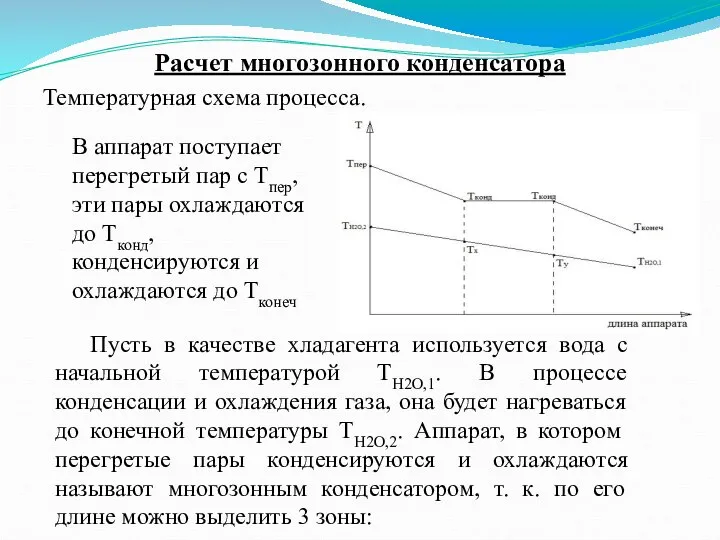 Расчет многозонного конденсатора Температурная схема процесса. В аппарат поступает перегретый пар