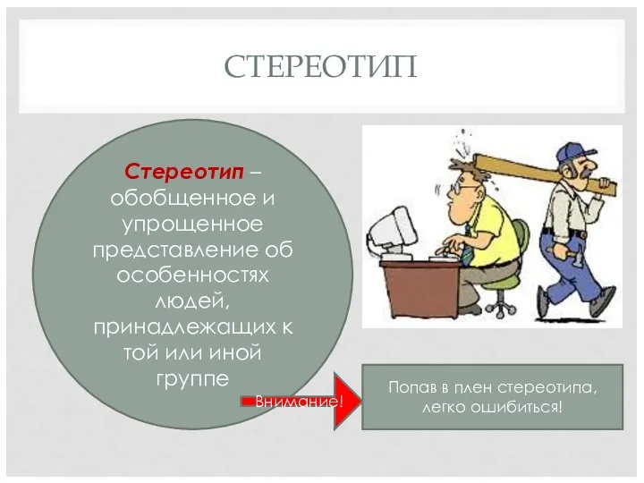 СТЕРЕОТИП Стереотип – обобщенное и упрощенное представление об особенностях людей, принадлежащих