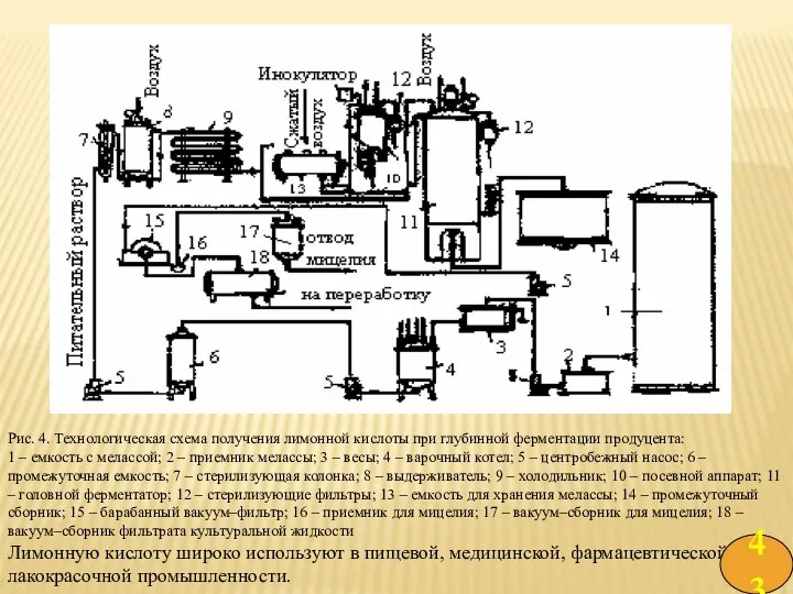 Рис. 4. Технологическая схема получения лимонной кислоты при глубинной ферментации продуцента: