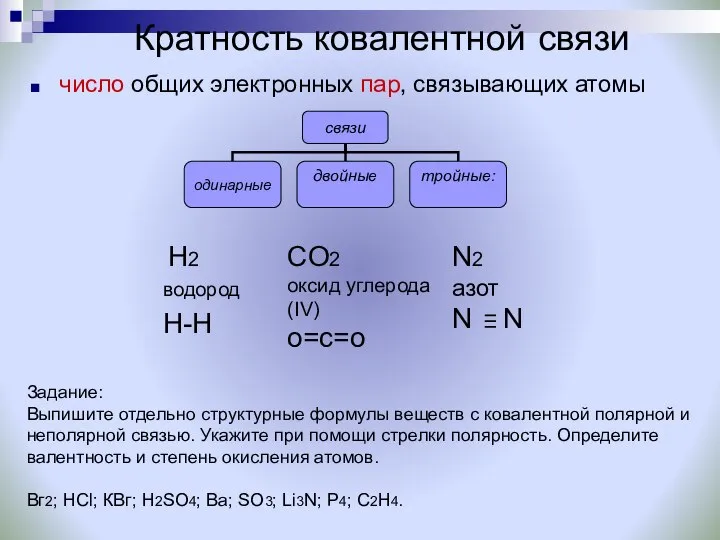 Кратность ковалентной связи число общих электронных пар, связывающих атомы CO2 оксид