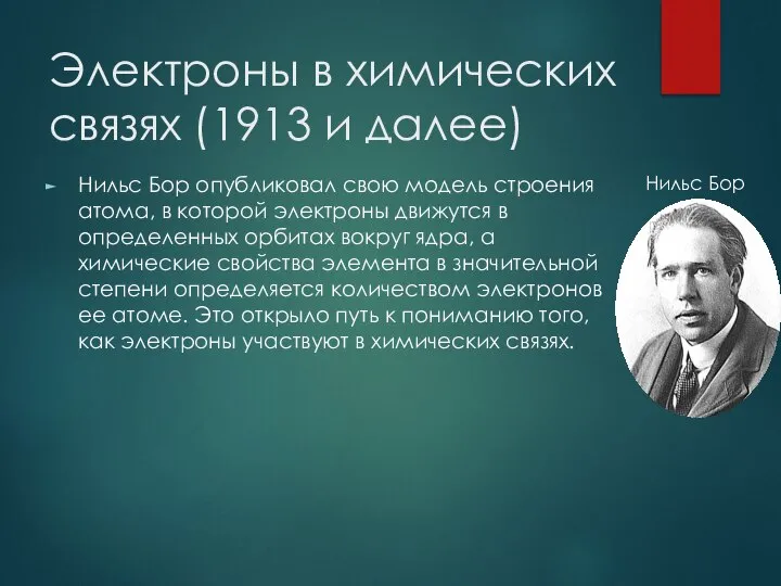 Электроны в химических связях (1913 и далее) Нильс Бор опубликовал свою