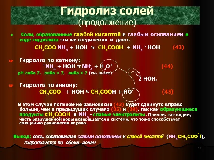 Гидролиз солей (продолжение) Соли, образованные слабой кислотой и слабым основанием в