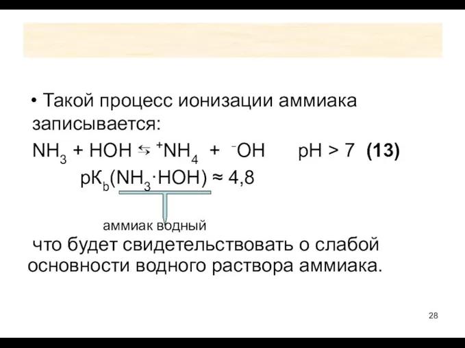 Такой процесс ионизации аммиака записывается: NH3 + HOH ⇆ +NH4 +