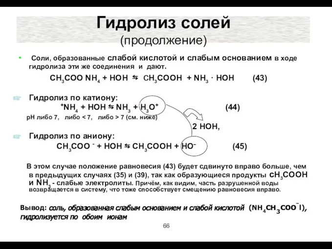 Гидролиз солей (продолжение) Соли, образованные слабой кислотой и слабым основанием в