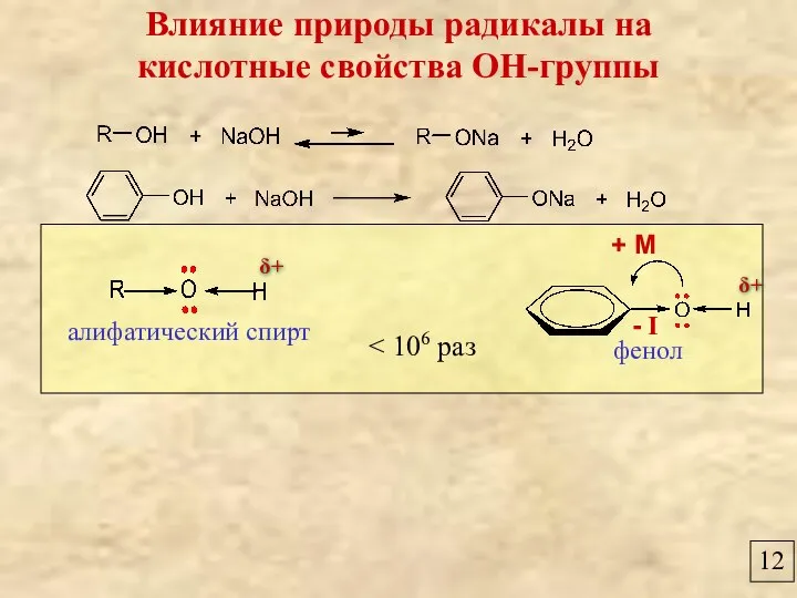 12 Влияние природы радикалы на кислотные свойства ОН-группы фенол алифатический спирт