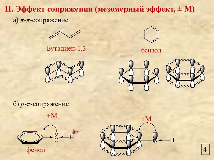 4 II. Эффект сопряжения (мезомерный эффект, ± М) а) π-π-сопряжение б)