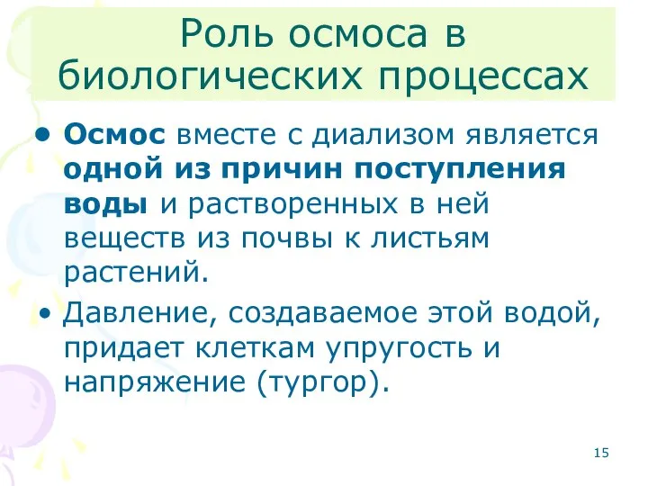 Роль осмоса в биологических процессах Осмос вместе с диализом является одной