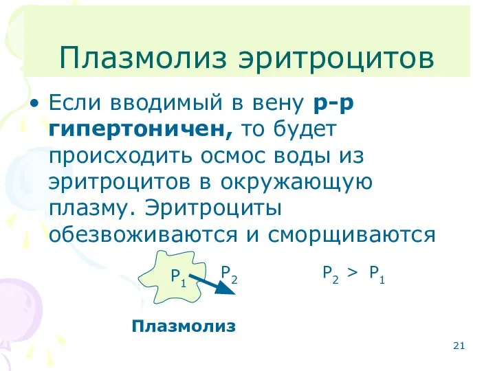 Плазмолиз эритроцитов Если вводимый в вену р-р гипертоничен, то будет происходить