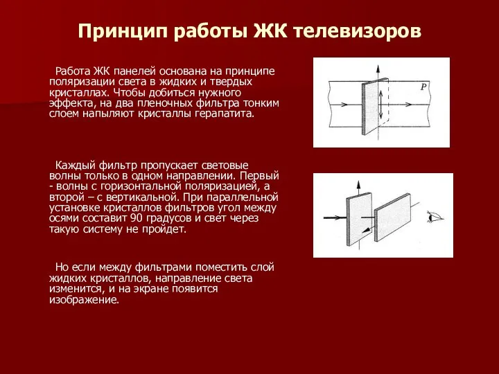 Принцип работы ЖК телевизоров Работа ЖК панелей основана на принципе поляризации