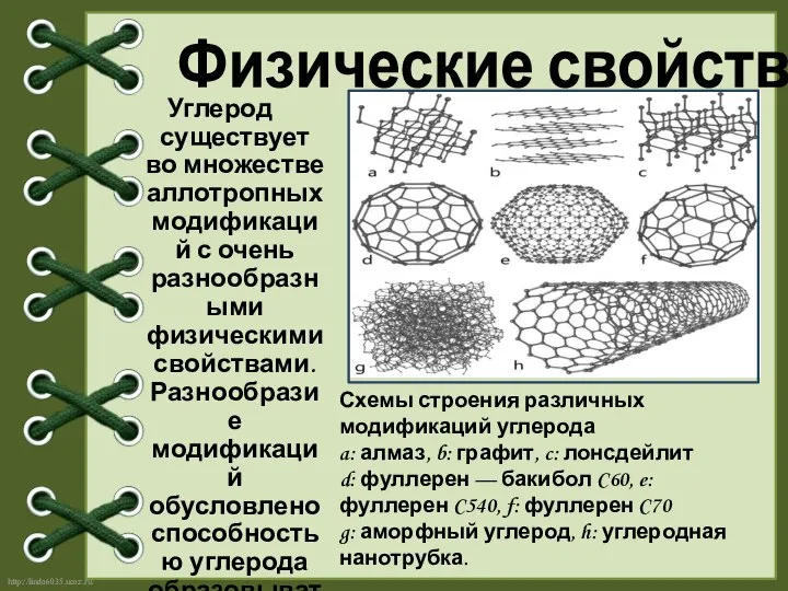 Углерод существует во множестве аллотропных модификаций с очень разнообразными физическими свойствами.