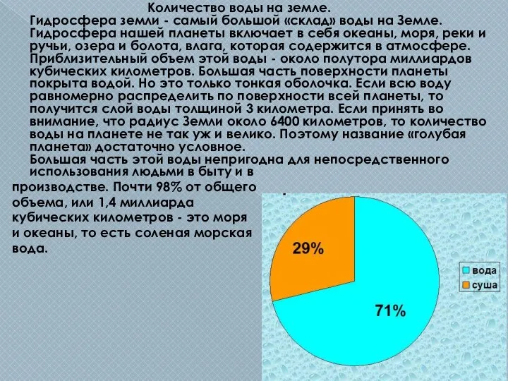 Количество воды на земле. Гидросфера земли - самый большой «склад» воды